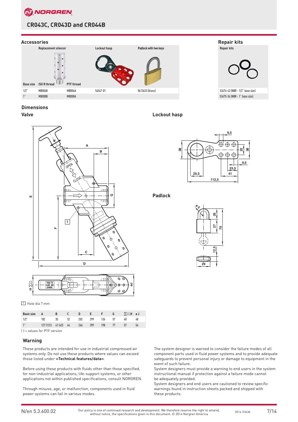 7/14 dimensions valve lockout hasp padlock, Repair kits, Accessories | Warning | Norgren C002 Series User Manual | Page 2 / 2