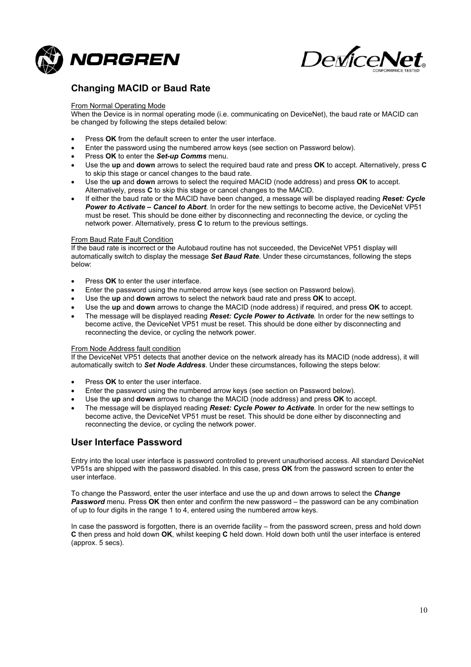 Changing macid or baud rate, User interface password | Norgren VP51 DeviceNet Installation Instructions User Manual | Page 10 / 11