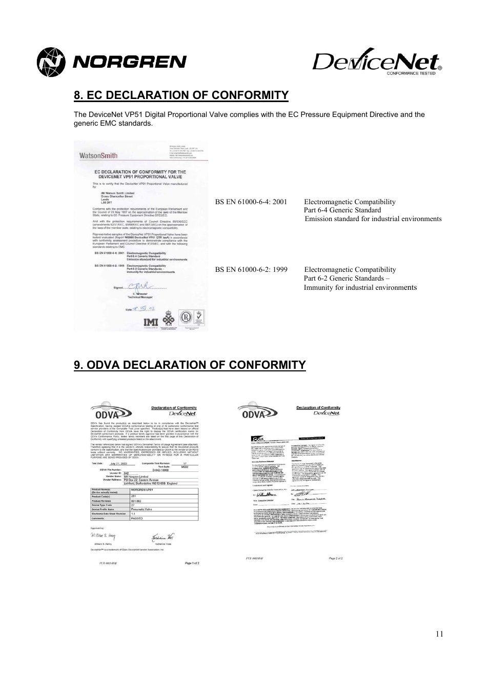 Ec declaration of conformity, Odva declaration of conformity | Norgren VP51 DeviceNet Installation Instructions User Manual | Page 11 / 11