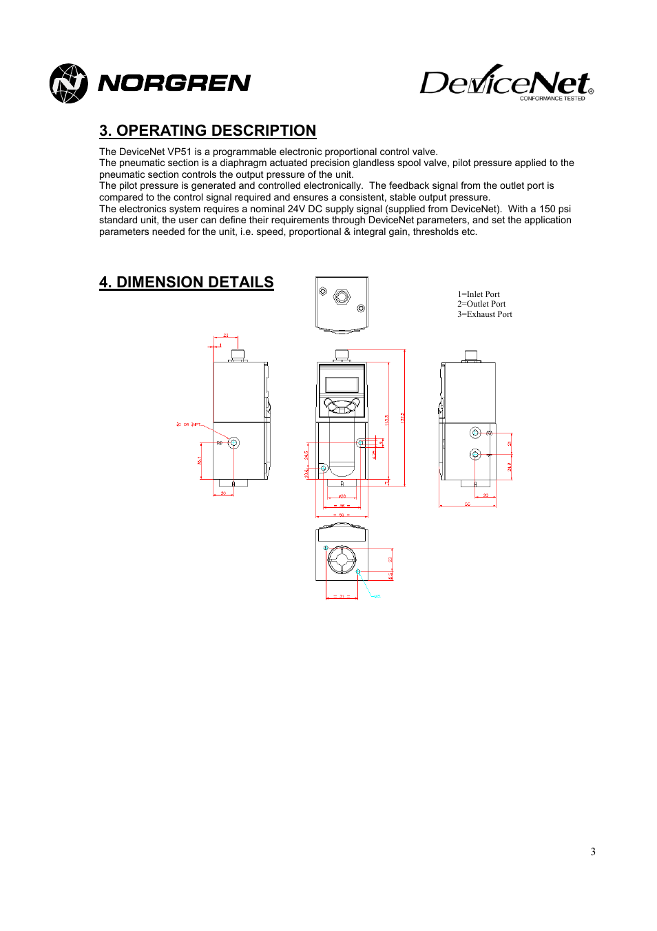 Operating description, Dimension details | Norgren VP51 DeviceNet Installation Instructions User Manual | Page 3 / 11