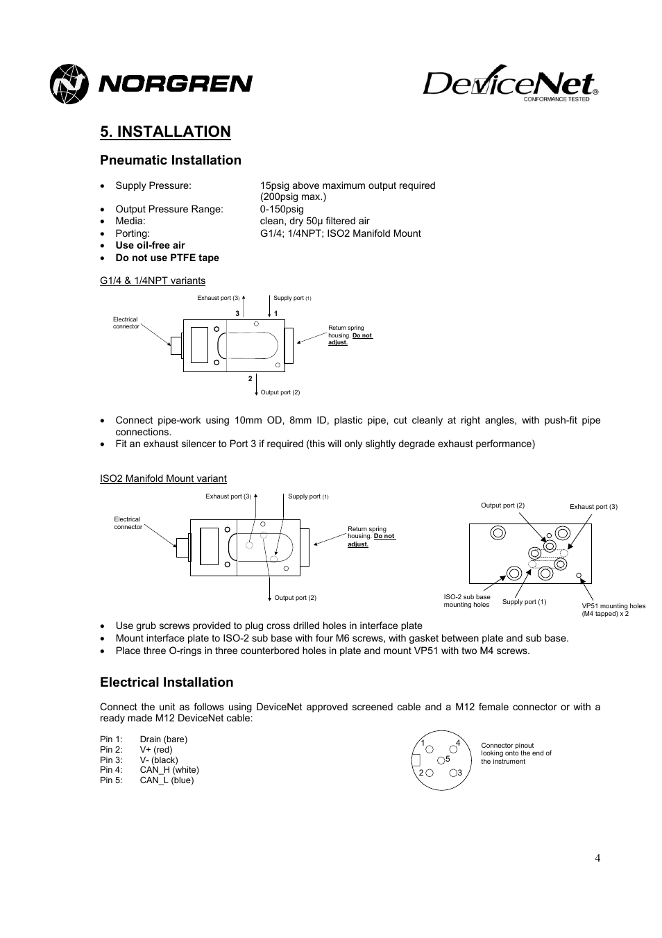 Iso2 manifold mount variant, Installation, Pneumatic installation | Electrical installation | Norgren VP51 DeviceNet Installation Instructions User Manual | Page 4 / 11