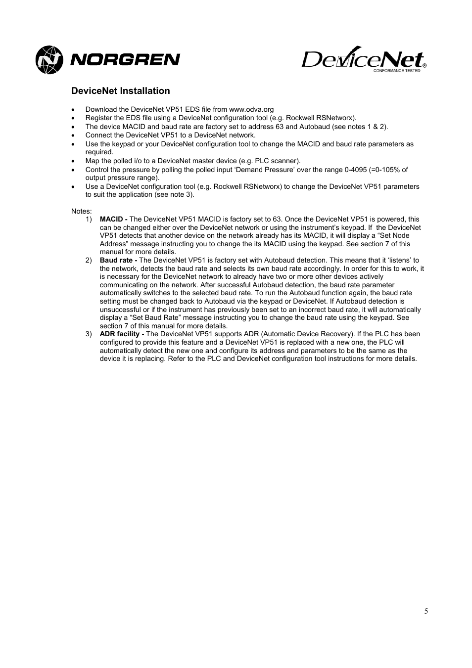 Devicenet installation | Norgren VP51 DeviceNet Installation Instructions User Manual | Page 5 / 11