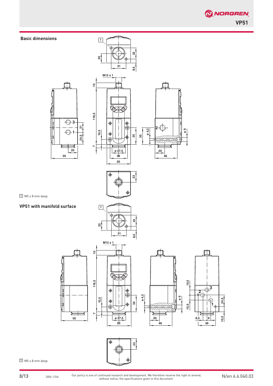 Vp51, Basic dimensions, Vp51 with manifold surface | Norgren VP51 Datasheets User Manual | Page 3 / 4