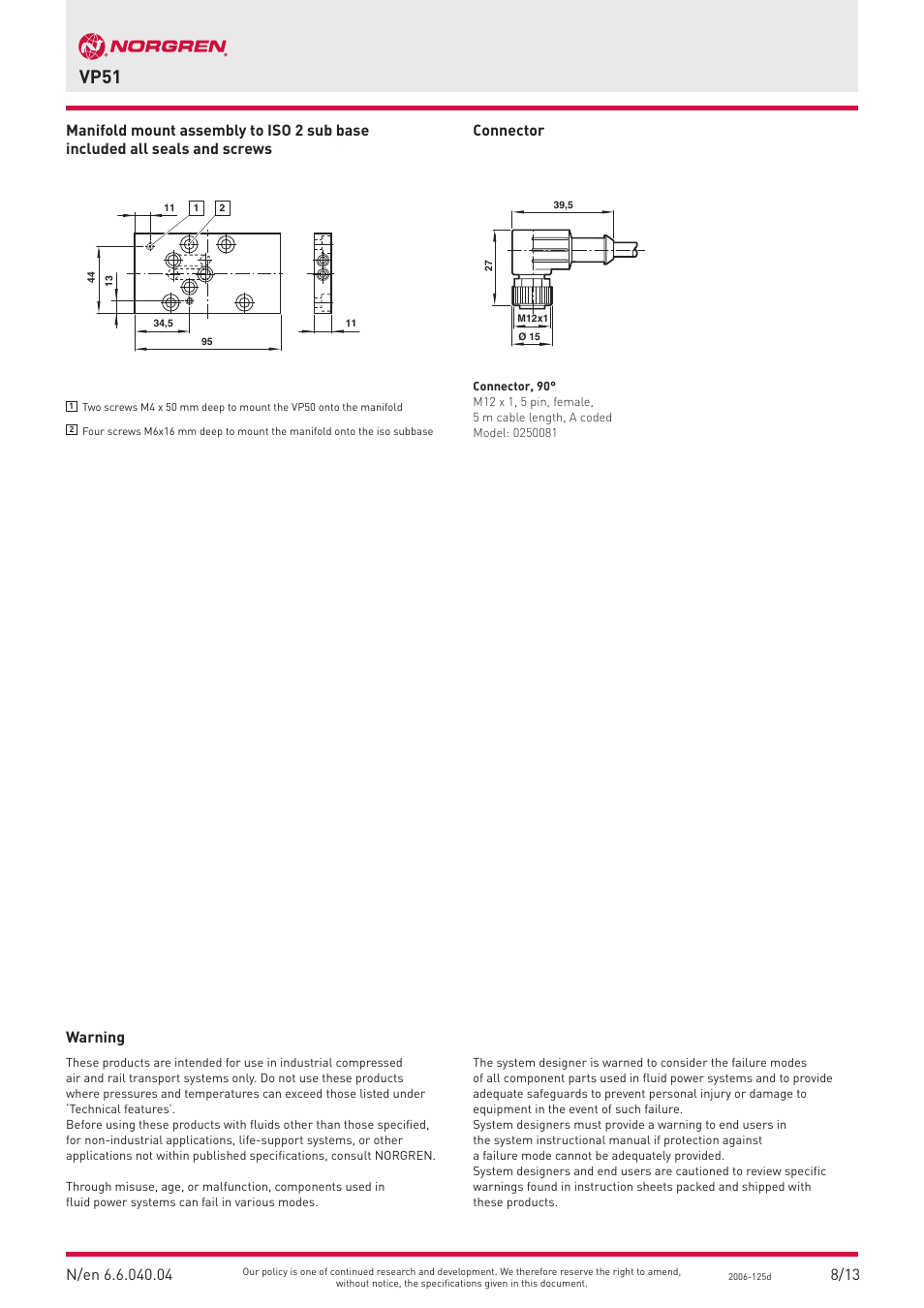 Vp51, 8/13 warning | Norgren VP51 Datasheets User Manual | Page 4 / 4