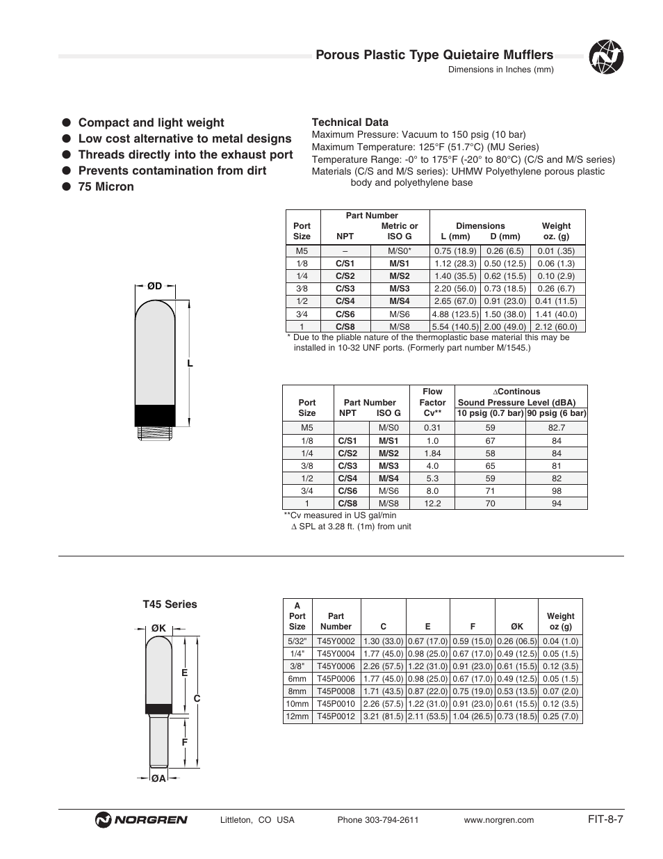 Porous plastic type quietaire mufflers | Norgren Mufflers Quietaire Series Compressed Air User Manual | Page 7 / 14