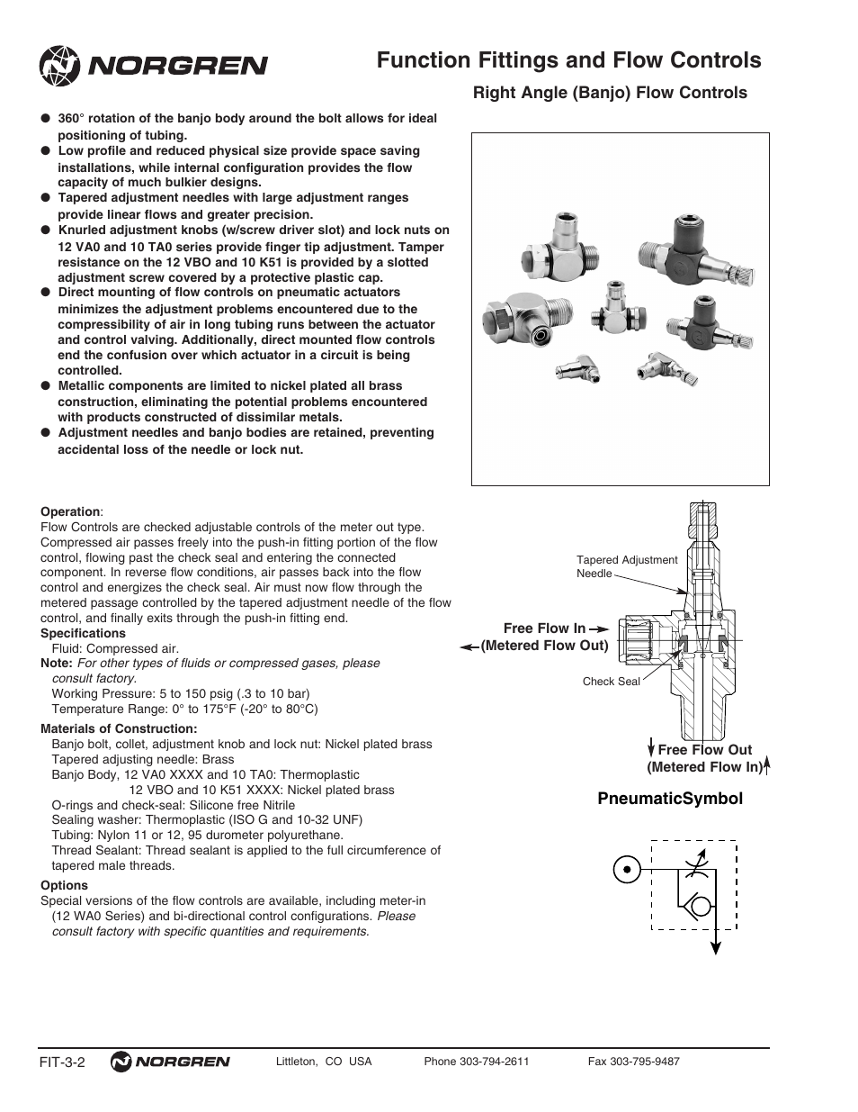 Function fittings and flow controls, Right angle (banjo) flow controls, Pneumaticsymbol | Norgren Flow Controls User Manual | Page 2 / 34