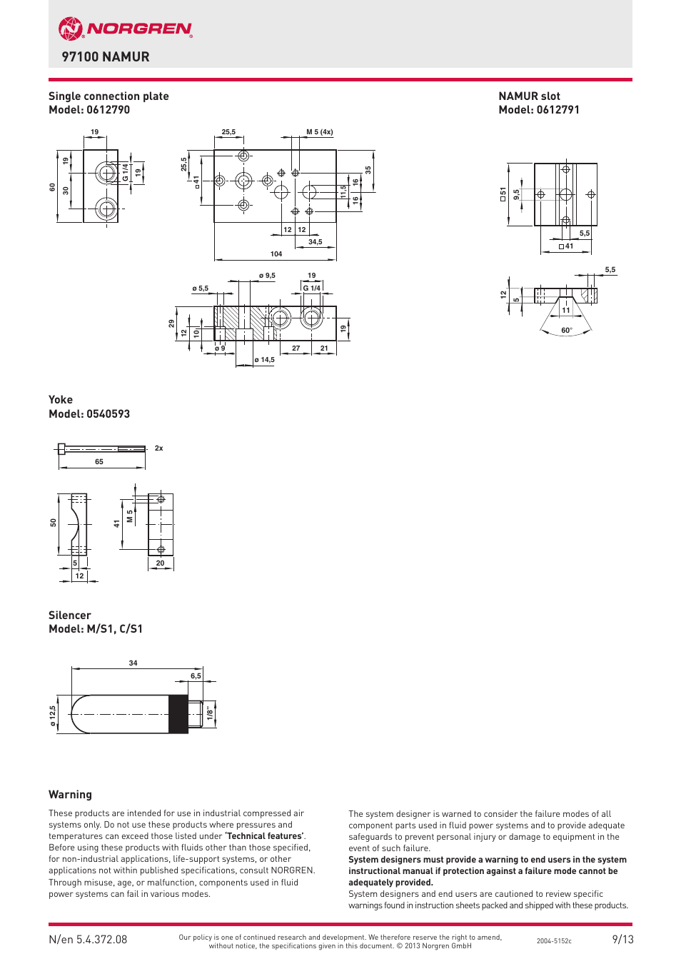 Silencer model: m/s1, c/s1 warning | Norgren 97100 NAMUR Series User Manual | Page 8 / 8
