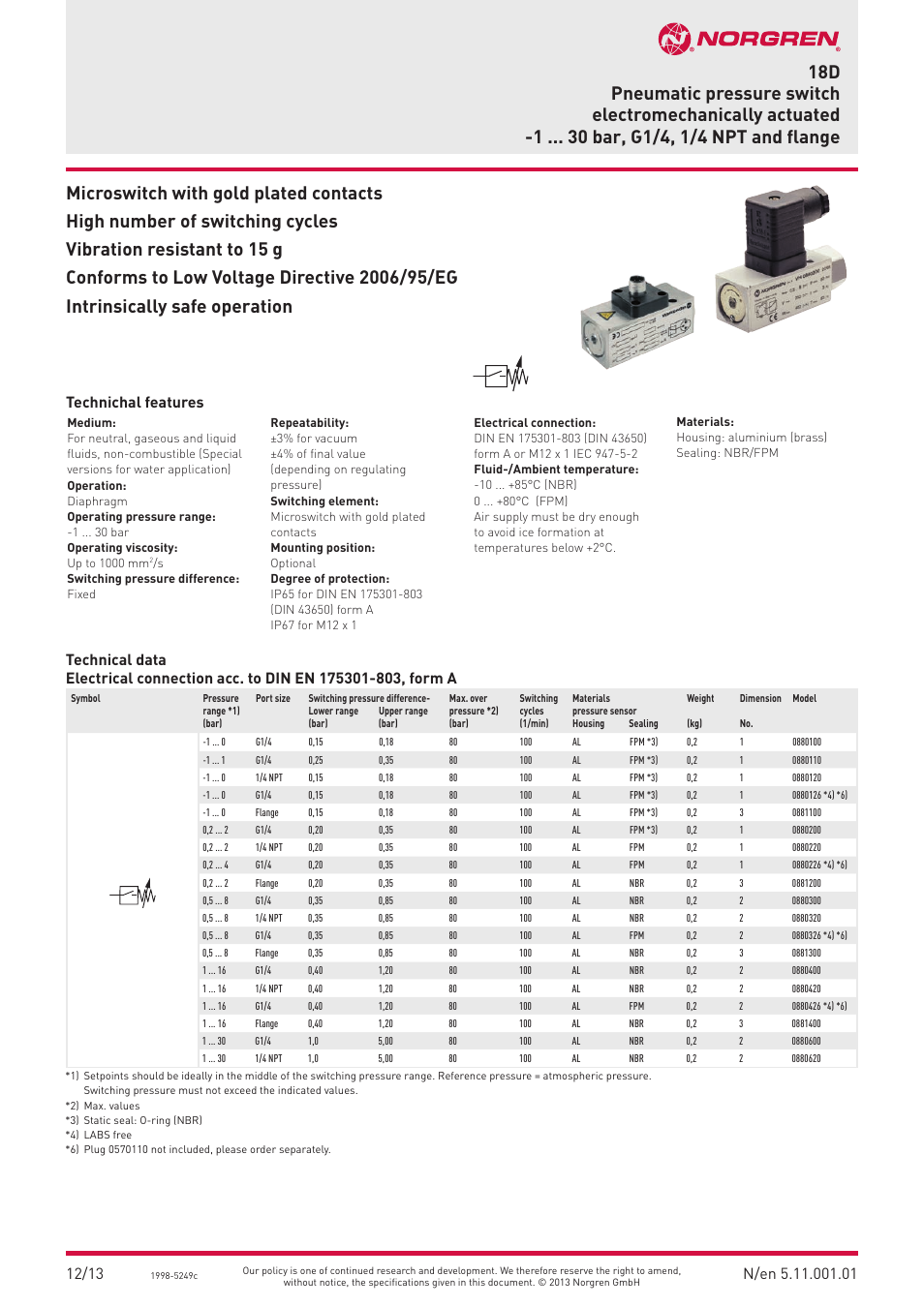 Norgren 18D Pressure Switch Datasheets User Manual | 4 pages