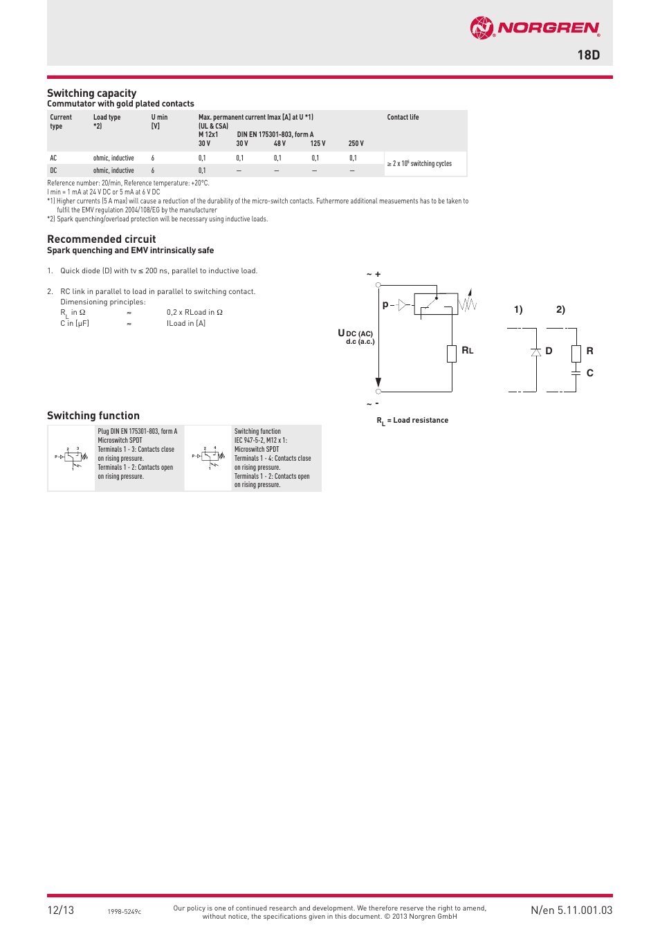 Switching capacity, Recommended circuit, Switching function | Norgren 18D Pressure Switch Datasheets User Manual | Page 3 / 4