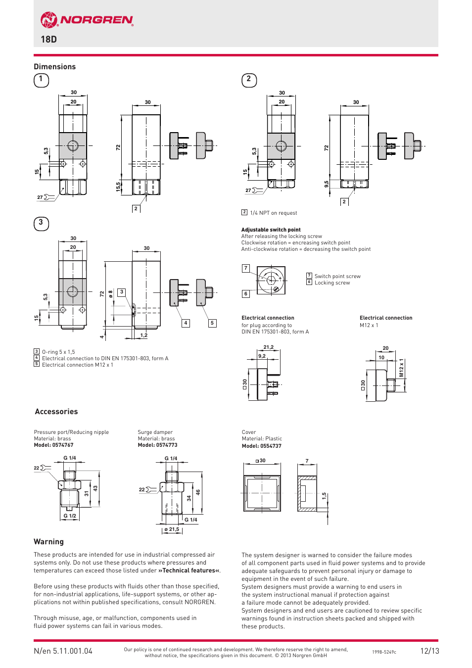 12/13 accessories, Dimensions 1, Warning | Norgren 18D Pressure Switch Datasheets User Manual | Page 4 / 4