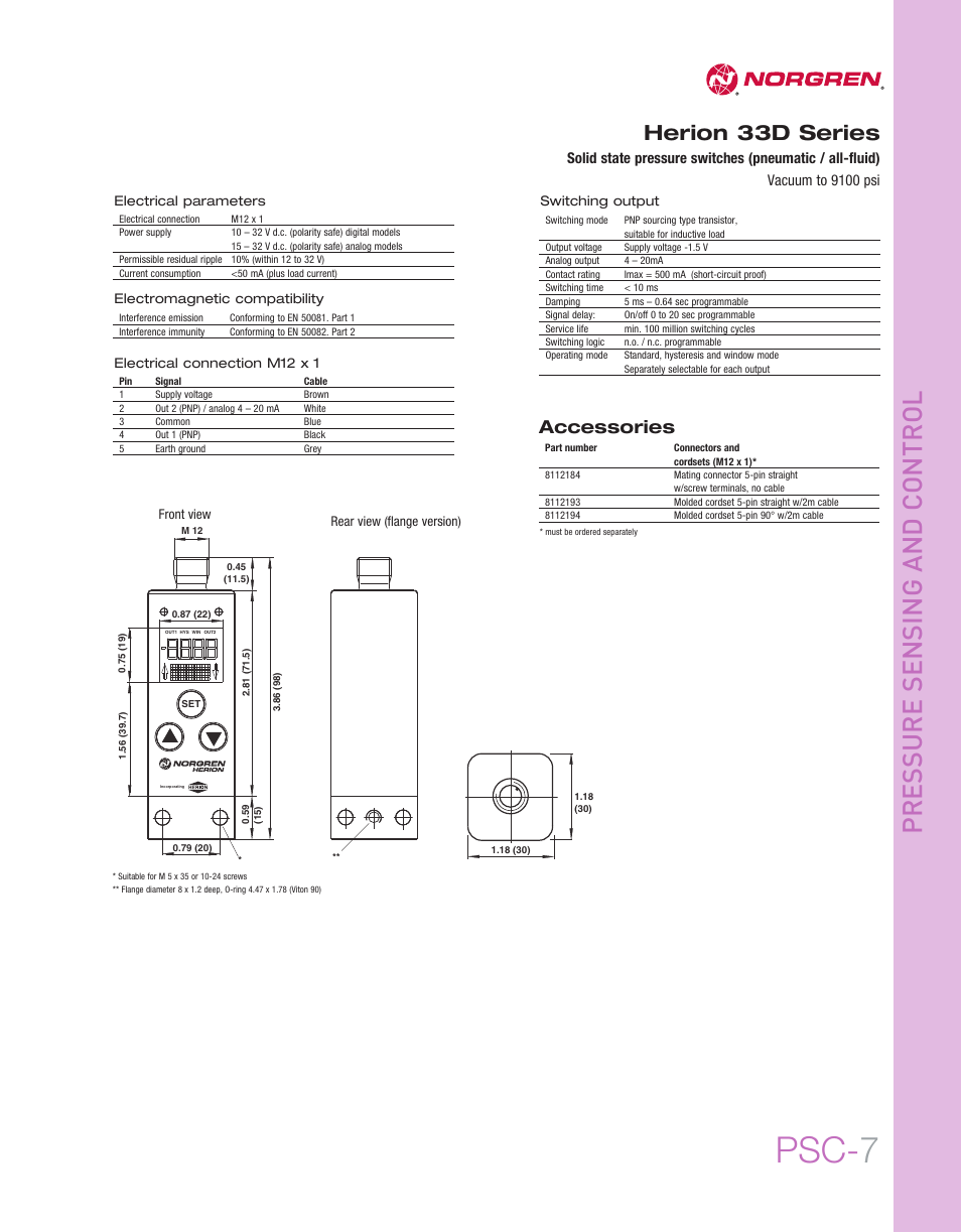 Psc- 7, Herion 33d series, Accessories | Norgren 33D Electronic Pressure Switches Datasheets User Manual | Page 2 / 2