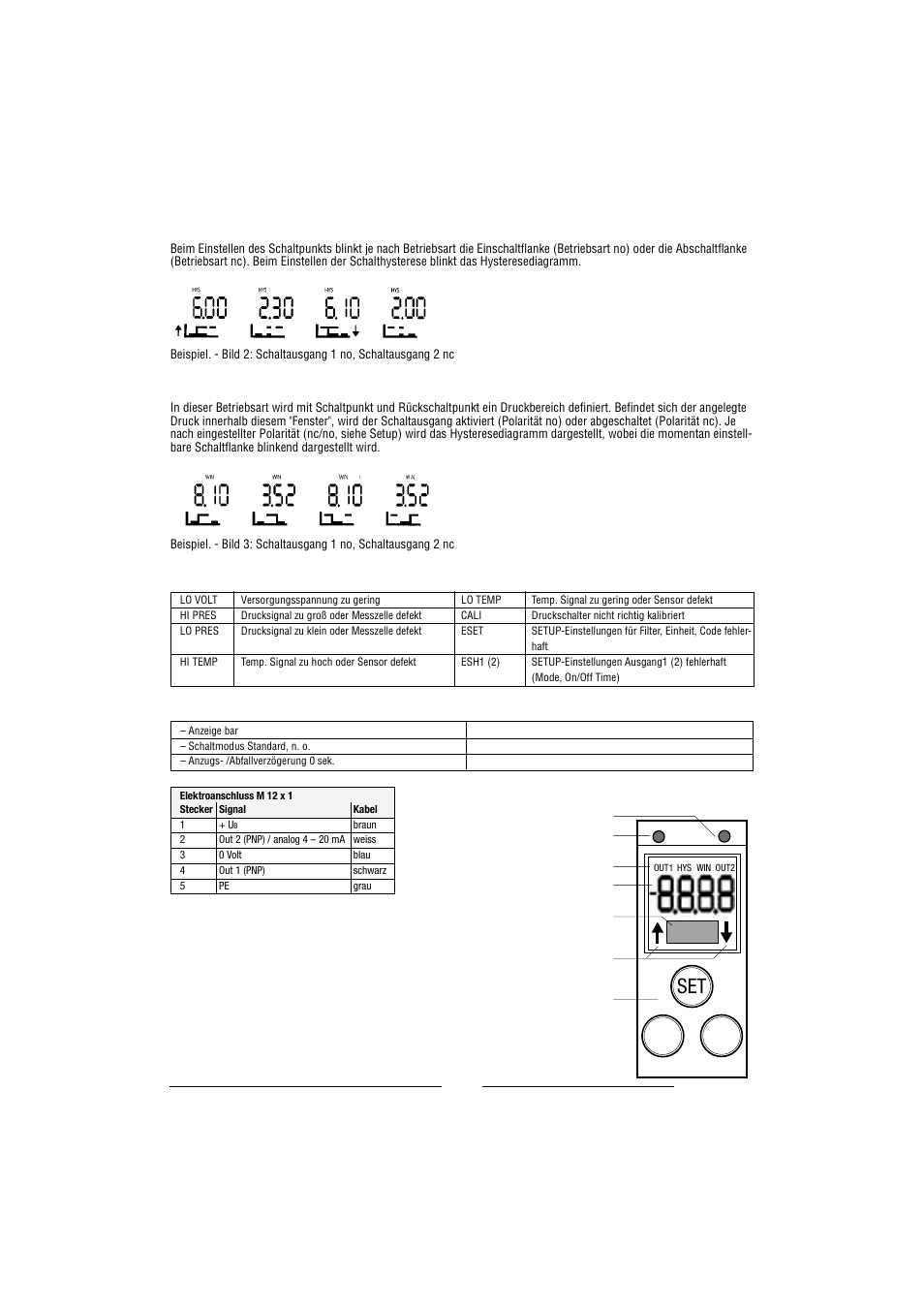 Fehler- und warnmeldungen, Auslieferungszustand platz für ihre einstellungen, Frontansicht – bedien- und anzeigeelemente | Norgren 33D Electronic Pressure Switches Installation Instructions User Manual | Page 4 / 20