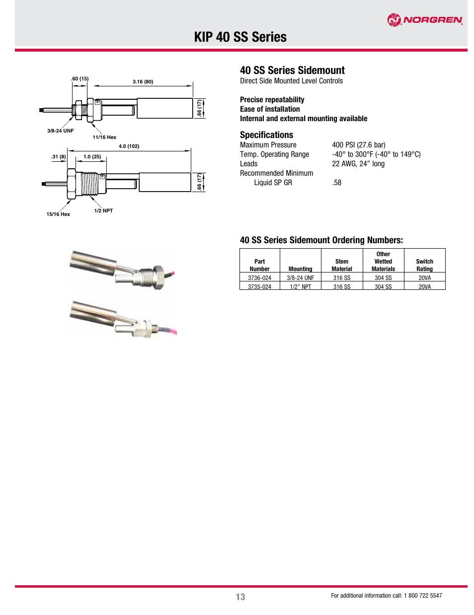 Kip 40 ss series, 40 ss series sidemount, 40 ss series sidemount ordering numbers | Specifications | Norgren KIP 35VSS Series User Manual | Page 2 / 3