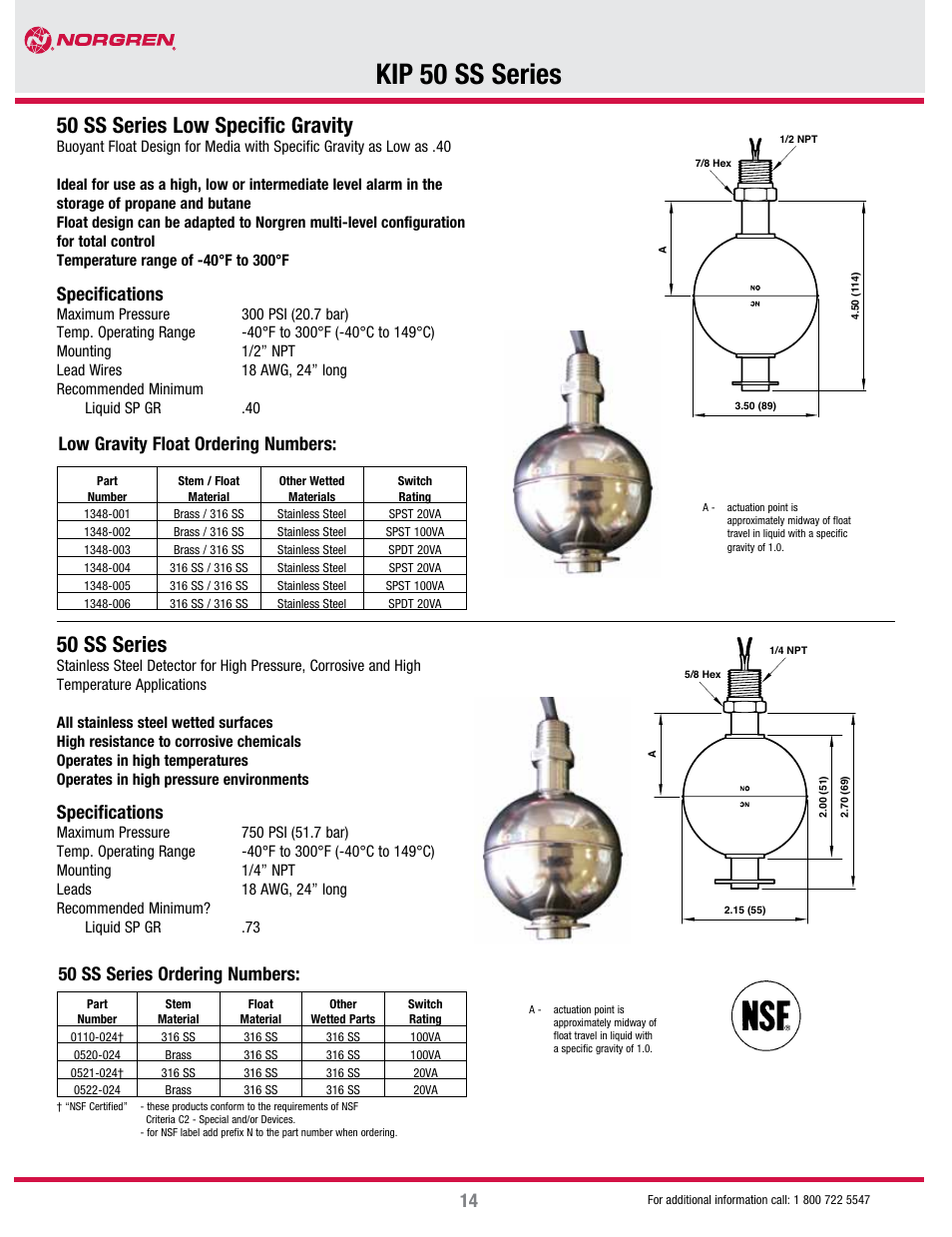 Kip 50 ss series, 50 ss series, 50 ss series low specific gravity | Specifications, Low gravity float ordering numbers, 50 ss series ordering numbers | Norgren KIP 35VSS Series User Manual | Page 3 / 3