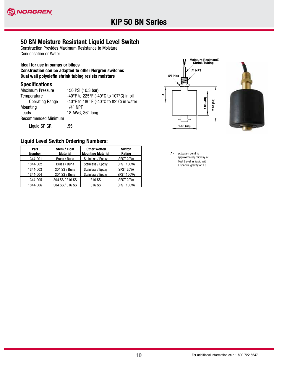 Kip 50 bn series, 50 bn moisture resistant liquid level switch, Specifications | Liquid level switch ordering numbers | Norgren 25BN Series User Manual | Page 2 / 3