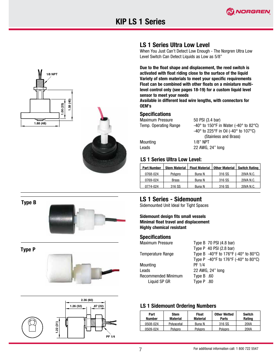 Kip ls 1 series, Ls 1 series - sidemount, Ls 1 series ultra low level | Specifications, Type b type p ls 1 series ultra low level, Ls 1 sidemount ordering numbers | Norgren KIP LS1 Series User Manual | Page 3 / 3