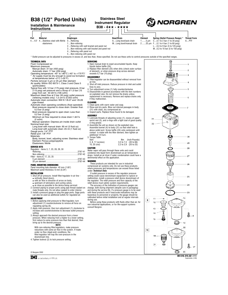 B38 (1/2" ported units), Installation & maintenance instructions, Stainless steel instrument regulator b38 - 4 | Norgren B38SS Series Installation Instructions User Manual | Page 2 / 2