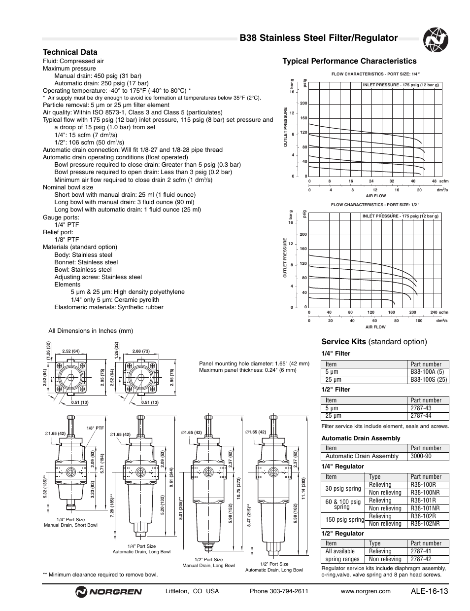 B38 stainless steel filter/regulator, Ale-16-13, Technical data | Typical performance characteristics, Service kits (standard option) | Norgren B38SS Series Datasheets User Manual | Page 2 / 2