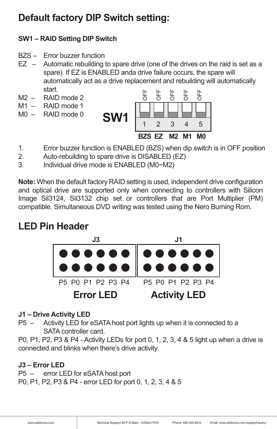 Default factory dip switch setting, Led pin header, Error led activity led | Addonics Technologies RAID TOWER IX RT93DAHX User Manual | Page 4 / 8