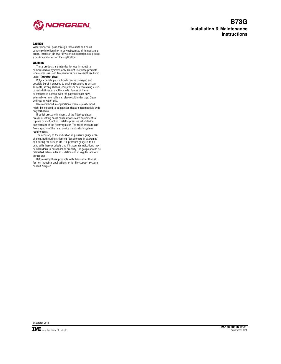 B73g, Installation & maintenance instructions | Norgren B73G Series User Manual | Page 2 / 2