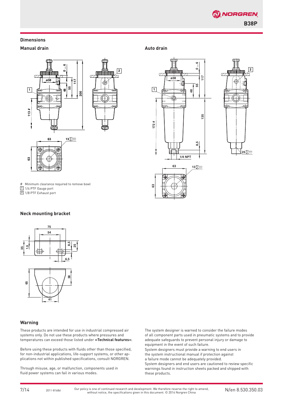 B38p, Warning | Norgren B38P Series User Manual | Page 3 / 3