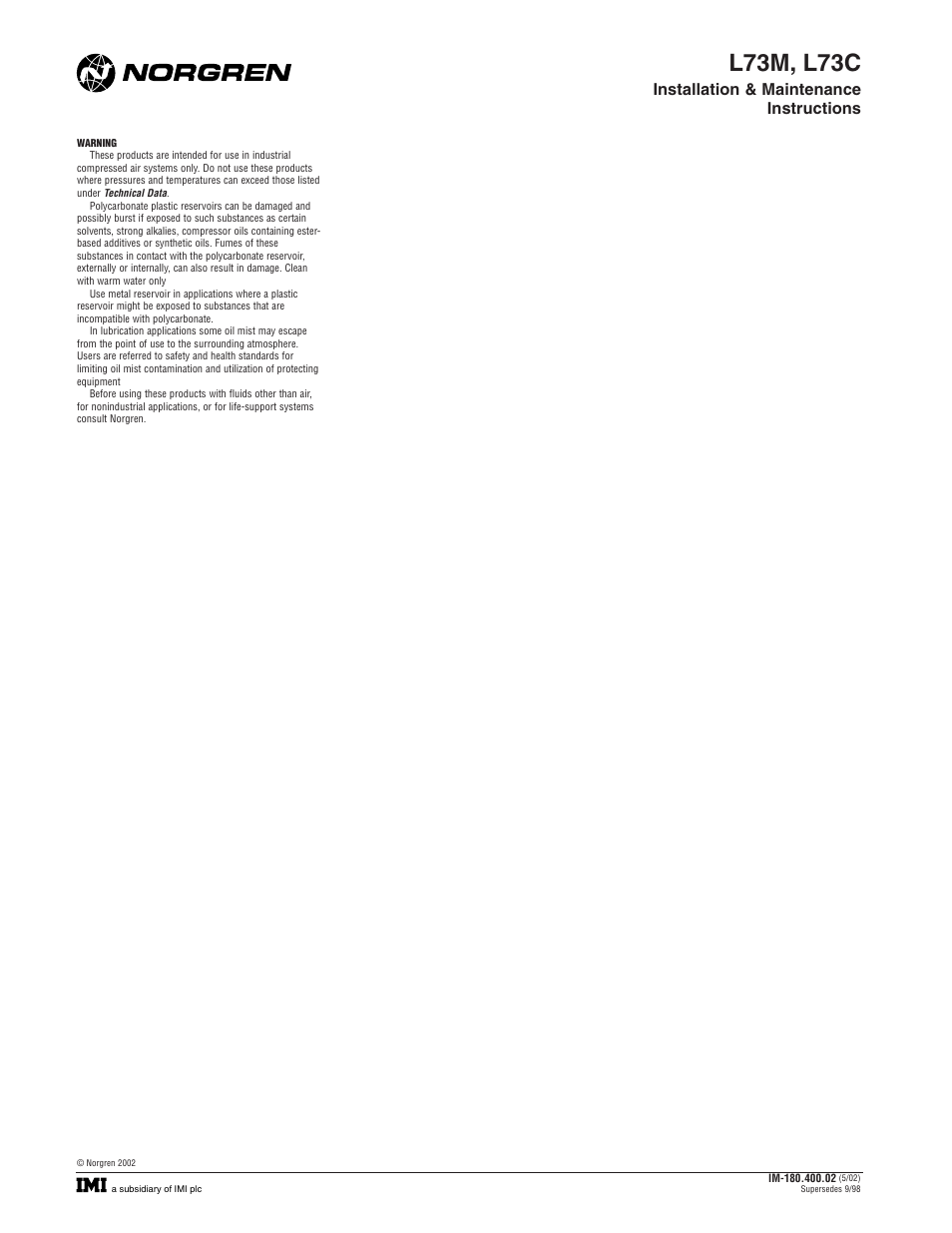 L73m, l73c, Installation & maintenance instructions | Norgren L73C Series User Manual | Page 2 / 2