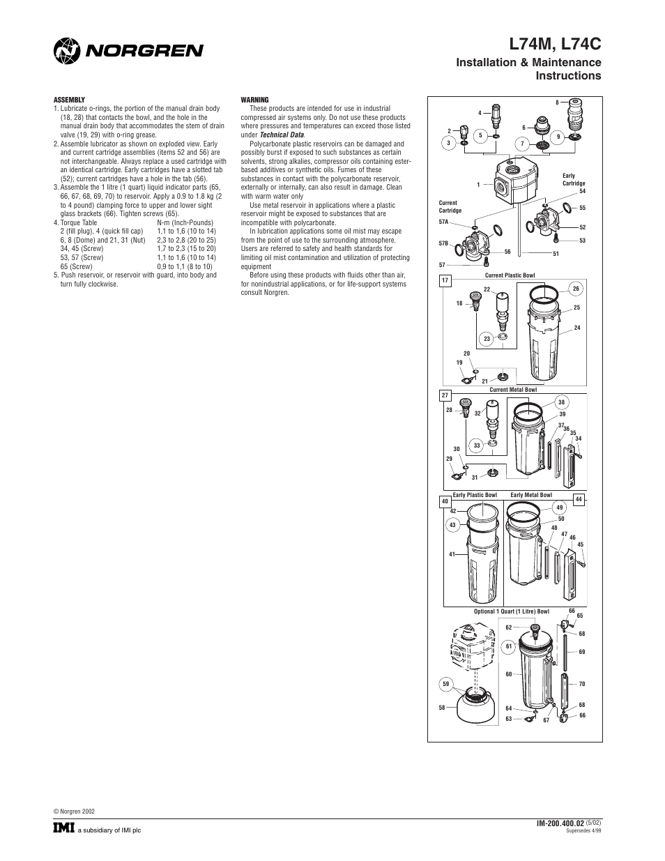 L74m, l74c, Installation & maintenance instructions | Norgren L74C Series User Manual | Page 2 / 2