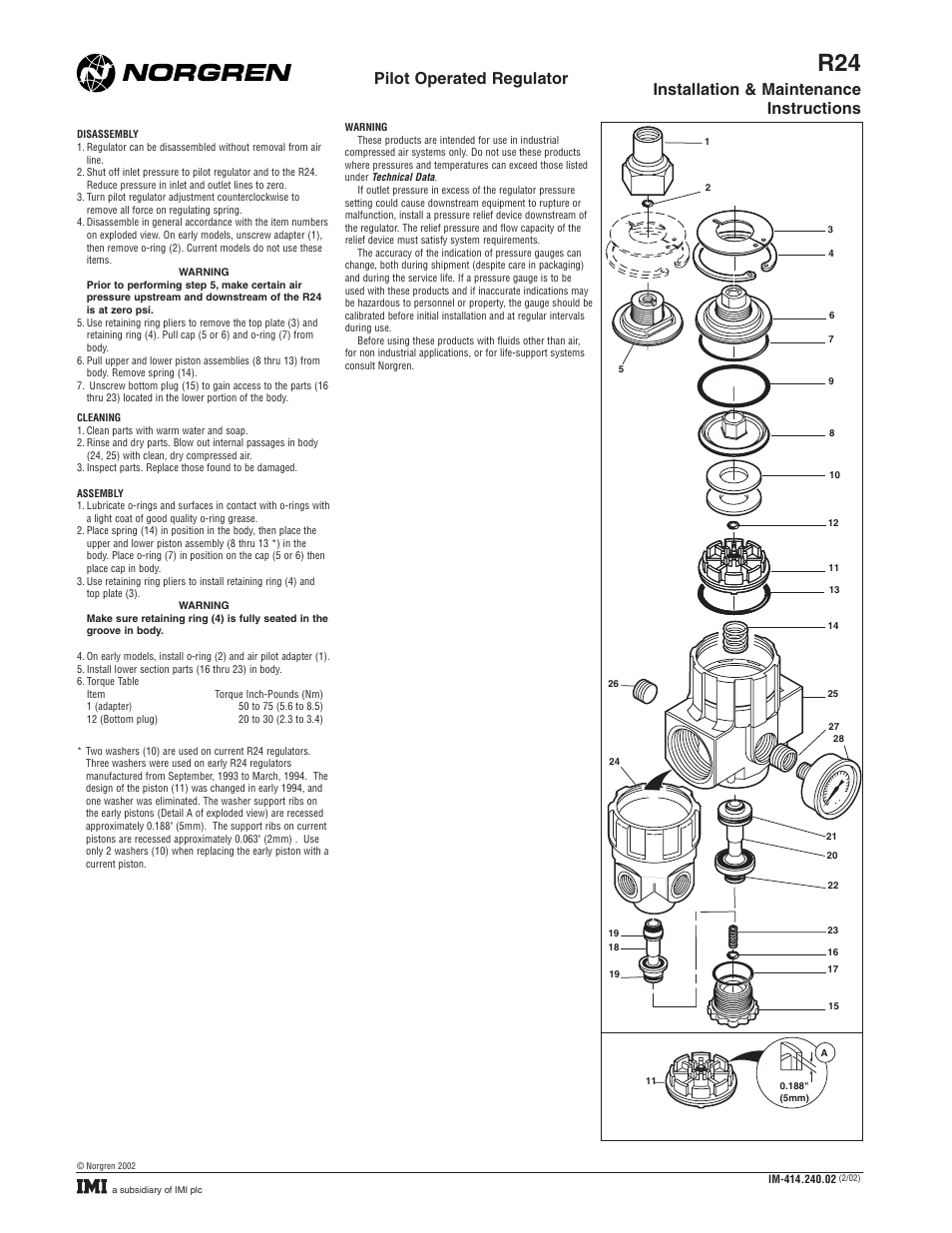 Installation & maintenance instructions, Pilot operated regulator | Norgren R24P Series User Manual | Page 2 / 2
