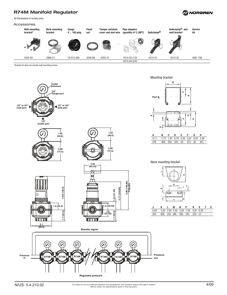 R74m manifold regulator, Accessories, Neck mounting bracket mounting bracket | Norgren R74M Series User Manual | Page 2 / 2
