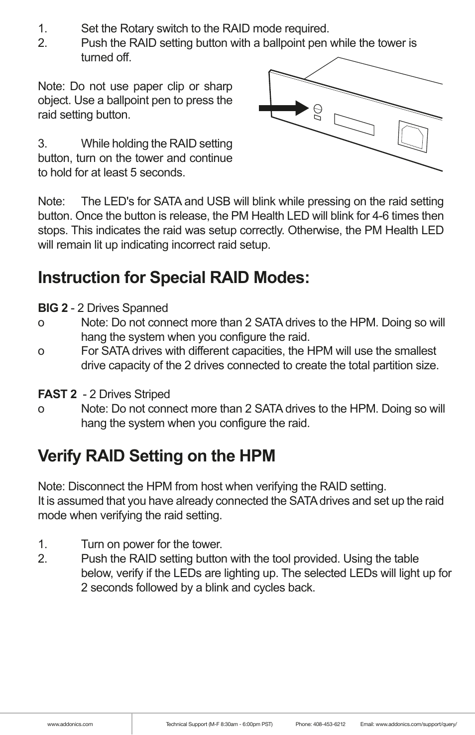 Instruction for special raid modes, Verify raid setting on the hpm | Addonics Technologies MINI STORAGE TOWER NA3MS4HU2B User Manual | Page 3 / 4