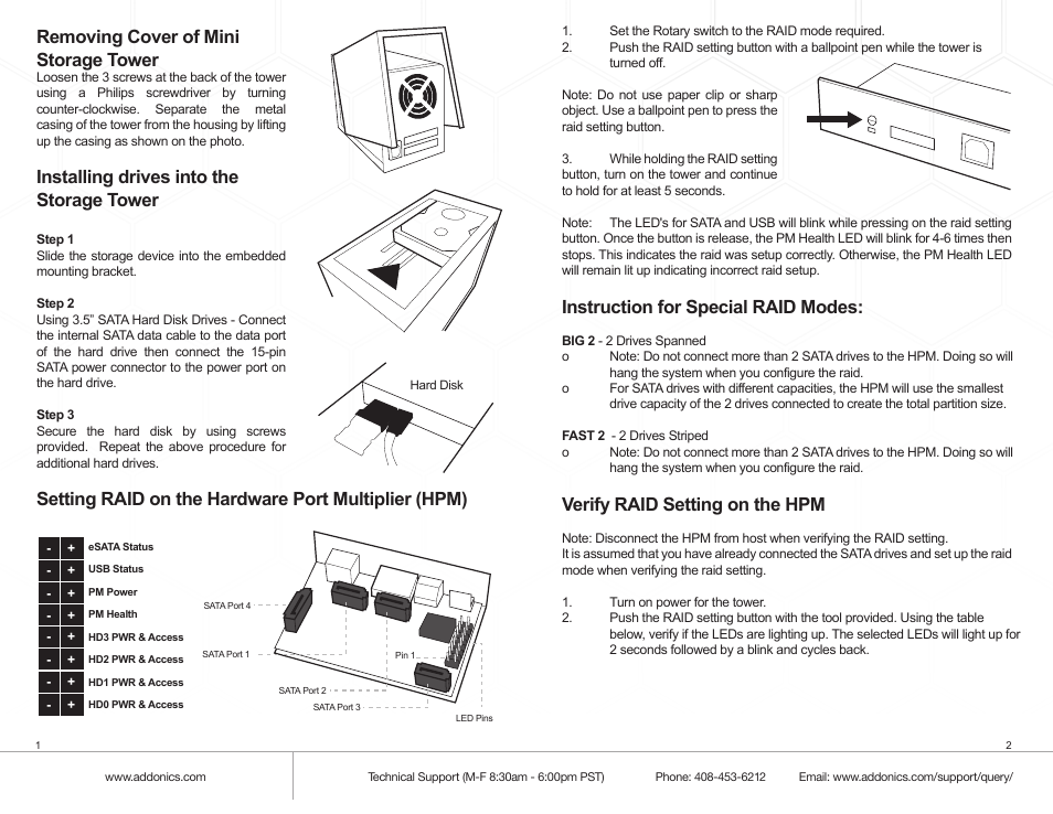 Instruction for special raid modes, Verify raid setting on the hpm, Removing cover of mini storage tower | Installing drives into the storage tower, Setting raid on the hardware port multiplier (hpm), Power on/off control | Addonics Technologies MINI STORAGE TOWER NASMS4HPMB User Manual | Page 2 / 2