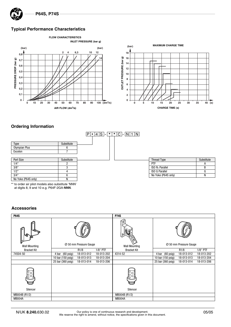 P64s, p74s, Typical performance characteristics, Accessories ordering information | 1c n n | Norgren P74S Series User Manual | Page 2 / 4