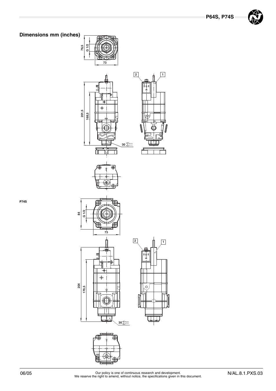 P64s, p74s, Dimensions mm (inches), N/al.8.1.pxs.03 | Norgren P74S Series User Manual | Page 3 / 4