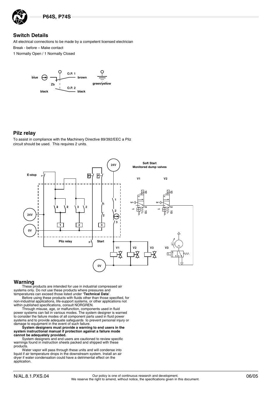 Warning, P64s, p74s, Pilz relay | Switch details | Norgren P74S Series User Manual | Page 4 / 4