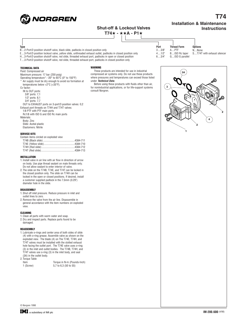 Norgren T74 Series Installation Instructions User Manual | 1 page