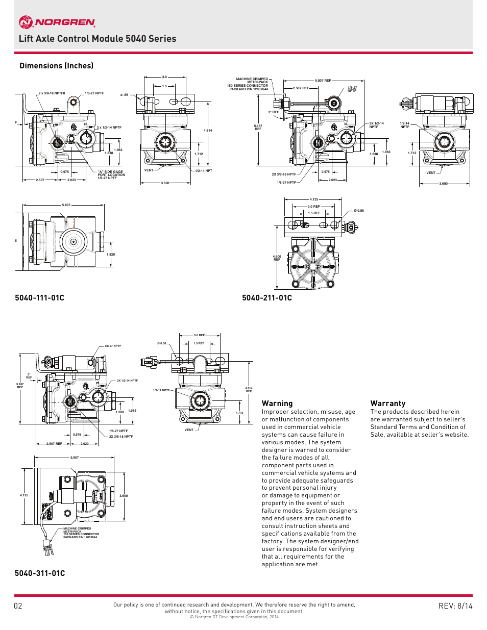 Lift axle control module 5040 series, Warning, Warranty | Rev: 8/14, 02 dimensions (inches) | Norgren 5040 Series User Manual | Page 2 / 2