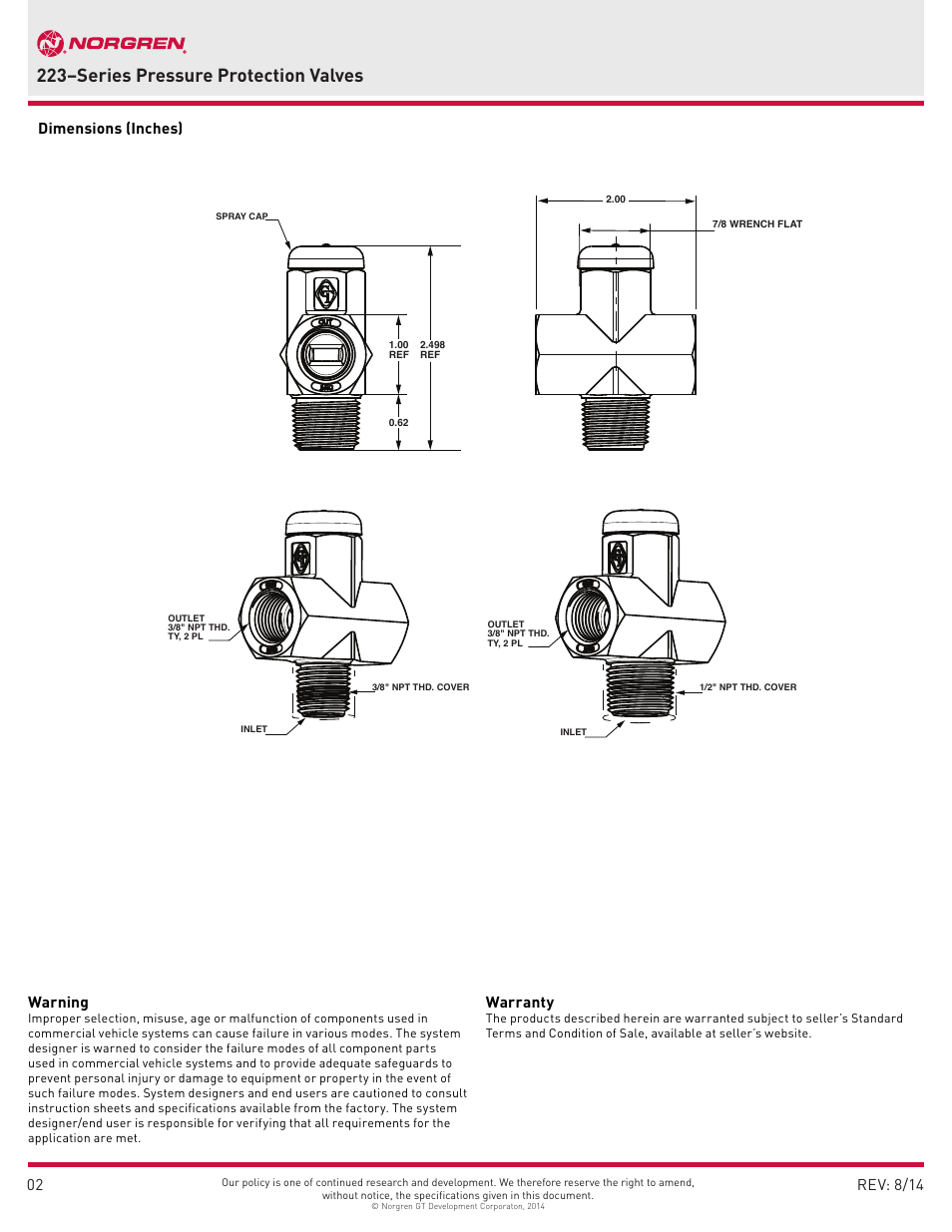 223–series pressure protection valves, Warning, Warranty | Rev: 8/14, 02 dimensions (inches) | Norgren 223 Series User Manual | Page 2 / 2