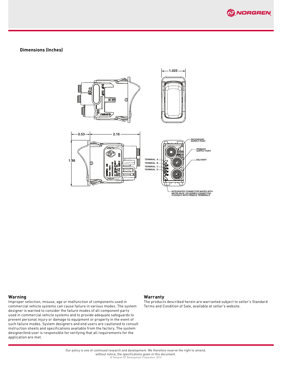 Dimensions (inches), Warning, Warranty | Norgren 3281 Series User Manual | Page 3 / 3