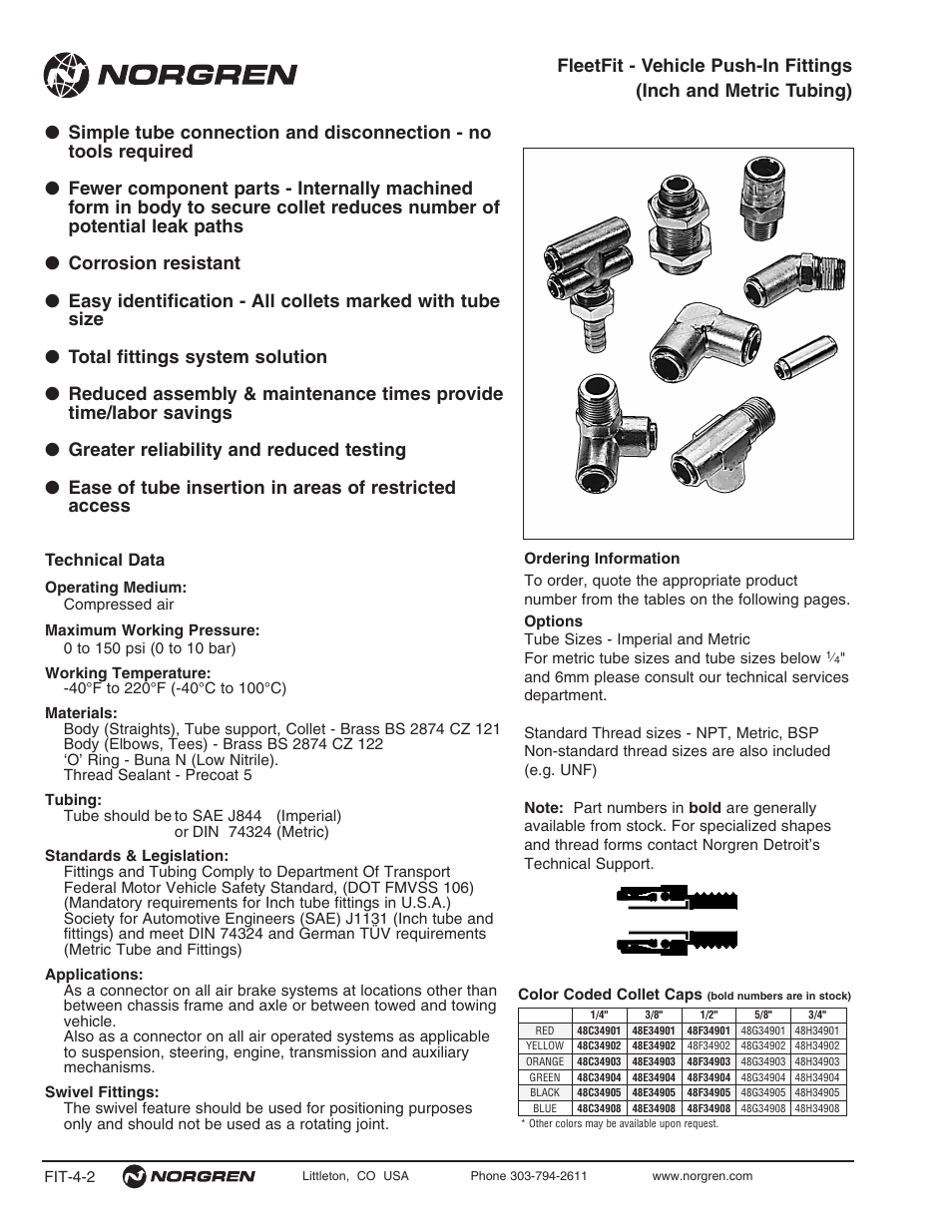 Technical data | Norgren FleetFit - Vehicle Push-In Fittings User Manual | Page 2 / 22