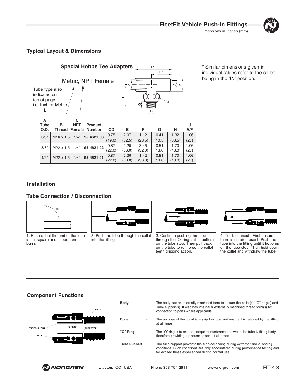 Fleetfit vehicle push-in fittings, Metric, npt female, Special hobbs tee adapters | Norgren FleetFit - Vehicle Push-In Fittings User Manual | Page 3 / 22