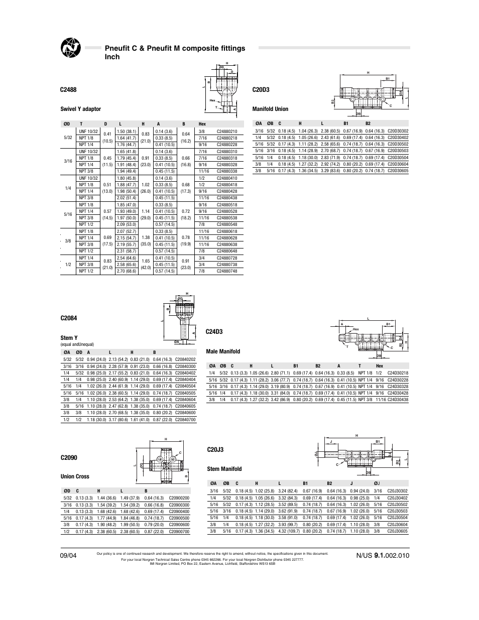 Pneufit c & pneufit m composite fittings inch, C2488, C2084 | C2090, C20d3, C20j3, C24d3 | Norgren Pneufit C User Manual | Page 10 / 15