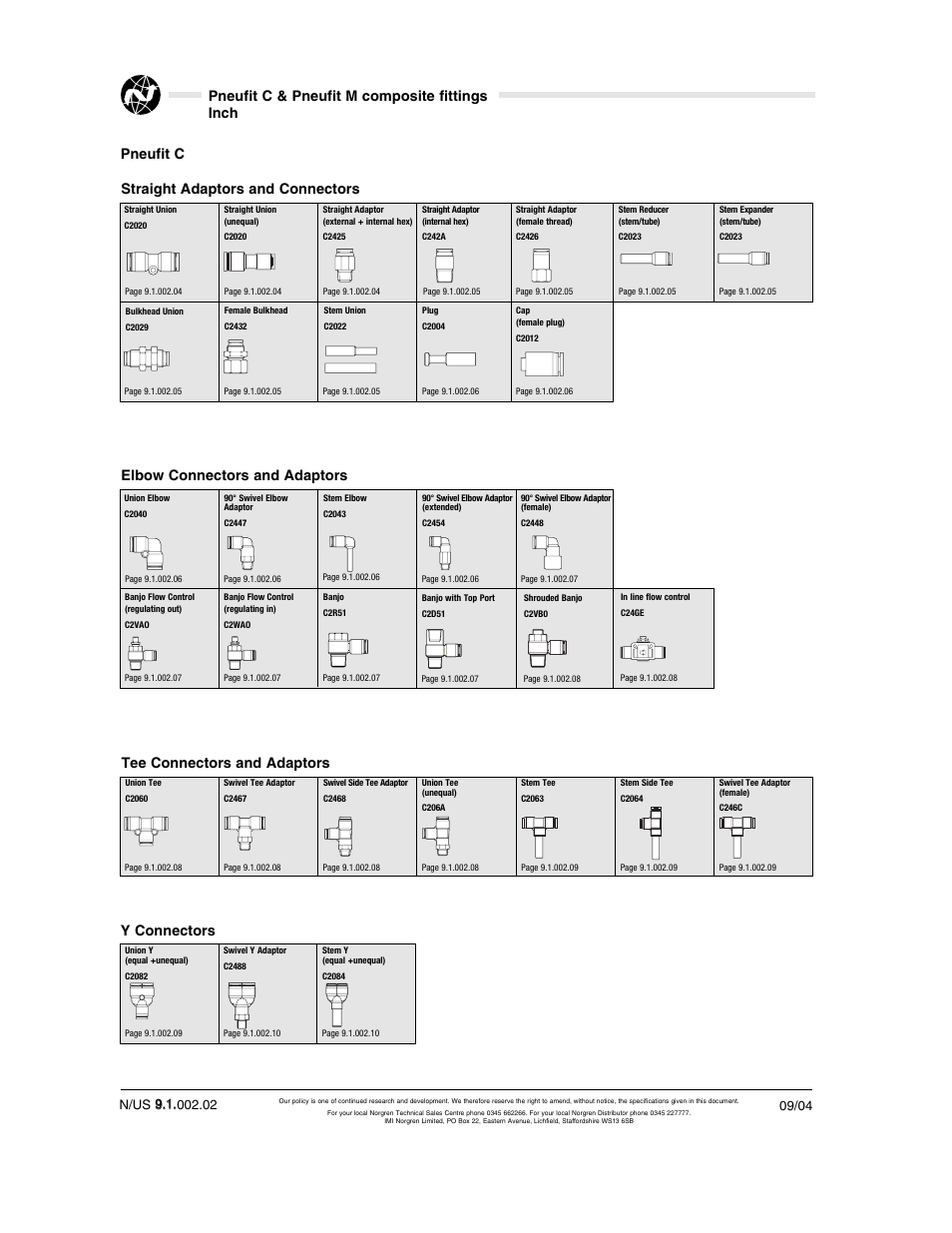 Pneufit c & pneufit m composite fittings inch, Straight adaptors and connectors, Pneufit c | Elbow connectors and adaptors, Tee connectors and adaptors, Y connectors | Norgren Pneufit C User Manual | Page 2 / 15