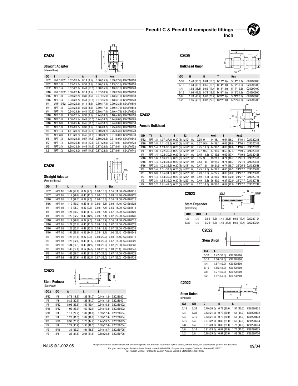 Pneufit c & pneufit m composite fittings inch, C2426, C2029 | C242a, C2023, C2432, C2022 | Norgren Pneufit C User Manual | Page 5 / 15