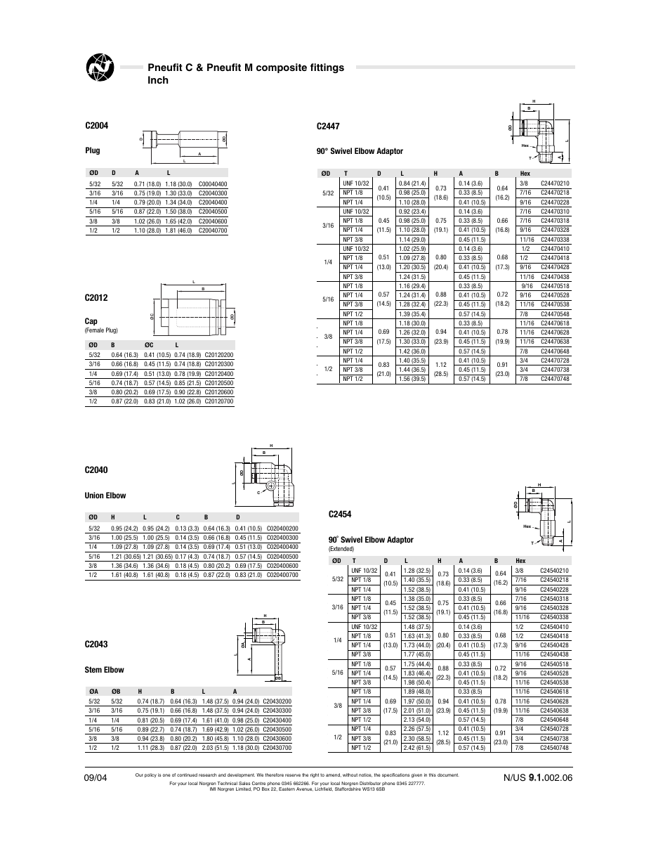 Pneufit c & pneufit m composite fittings inch, C2004, C2012 | C2040, C2447, C2043, C2454 | Norgren Pneufit C User Manual | Page 6 / 15