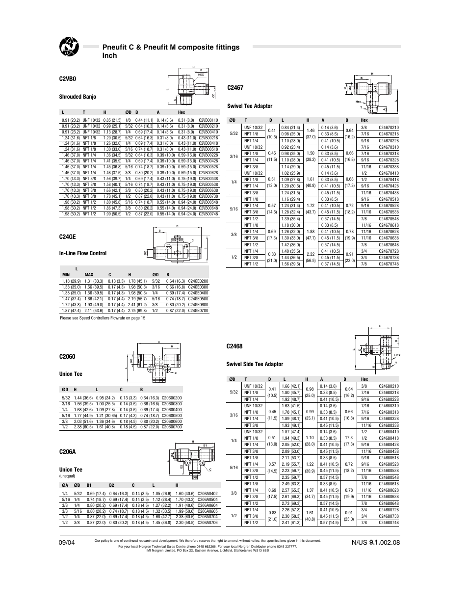 Pneufit c & pneufit m composite fittings inch, C24ge, C206a | C2vb0, C2060, C2467, C2468 | Norgren Pneufit C User Manual | Page 8 / 15