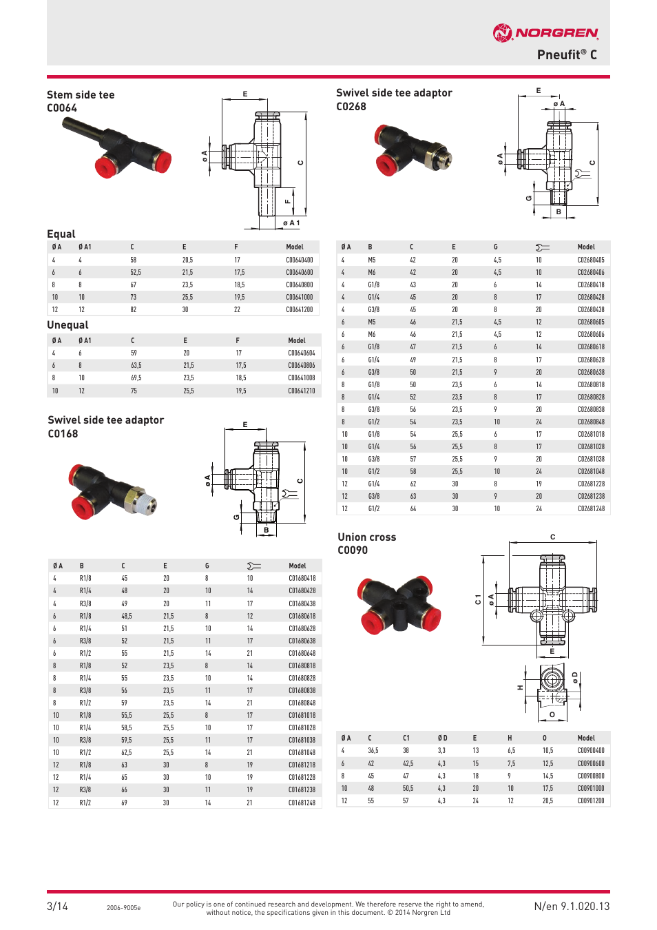 Pneufit, Stem side tee c0064 equal unequal, Swivel side tee adaptor c0168 | Union cross c0090, Swivel side tee adaptor c0268 | Norgren PUSH-IN Fittings User Manual | Page 13 / 26