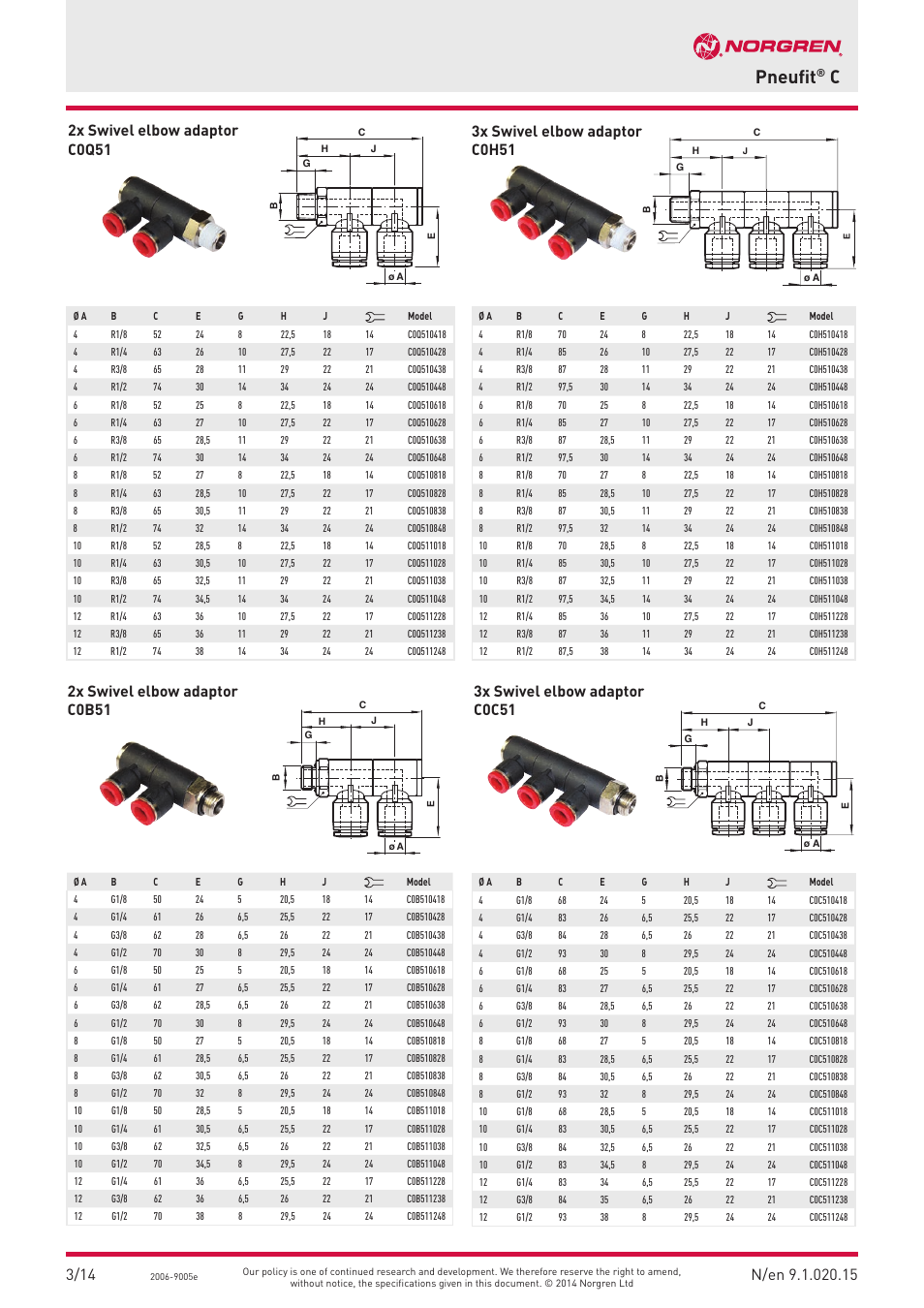 Pneufit, 2x swivel elbow adaptor c0q51, 2x swivel elbow adaptor c0b51 | Norgren PUSH-IN Fittings User Manual | Page 15 / 26