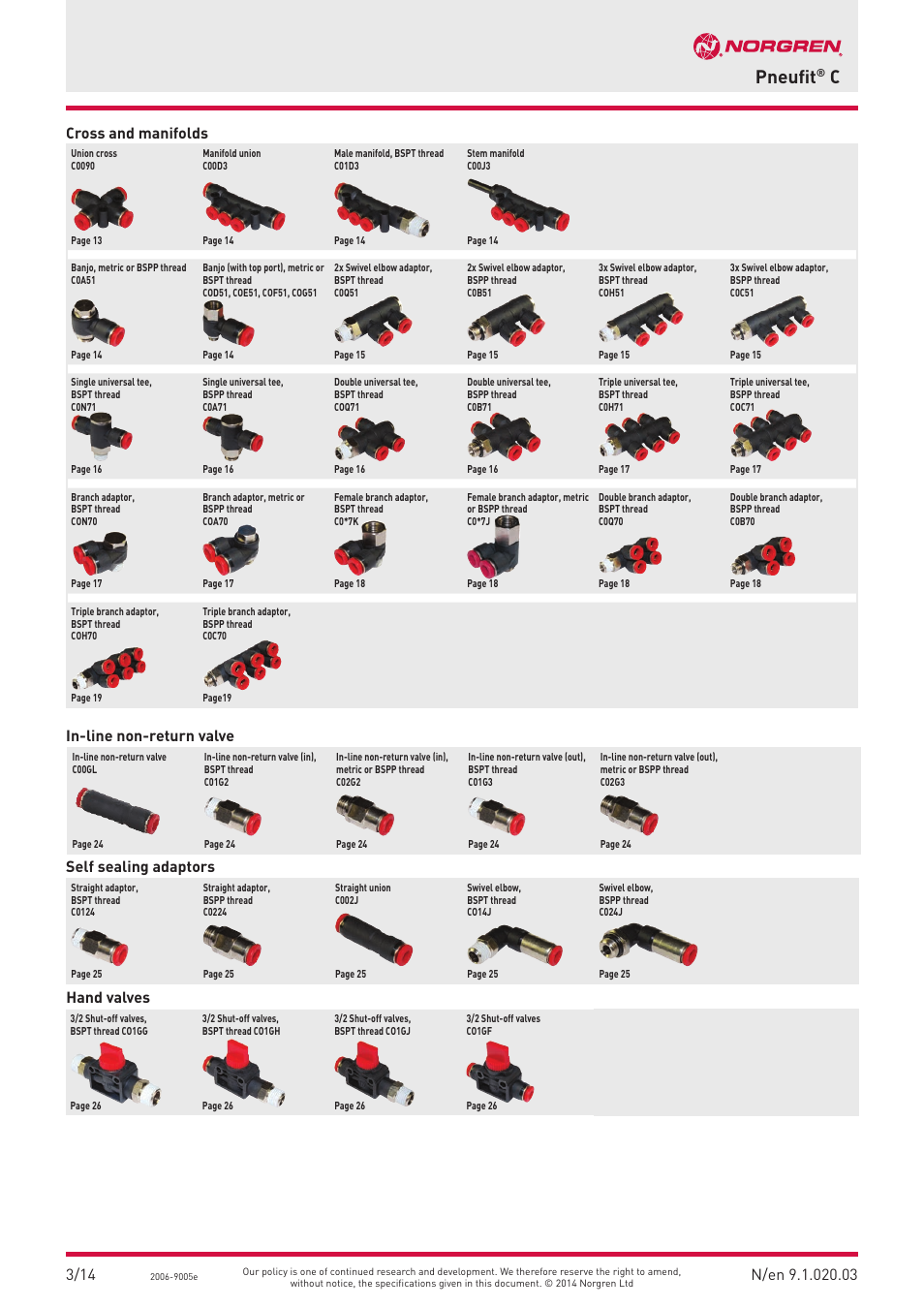 Pneufit, Cross and manifolds, Self sealing adaptors | In-line non-return valve, Hand valves | Norgren PUSH-IN Fittings User Manual | Page 3 / 26
