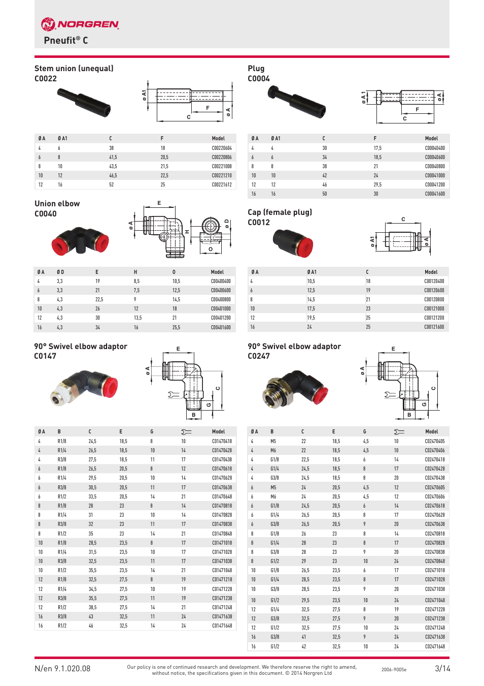 Pneufit, Plug c0004, Union elbow c0040 | Cap (female plug) c0012 | Norgren PUSH-IN Fittings User Manual | Page 8 / 26