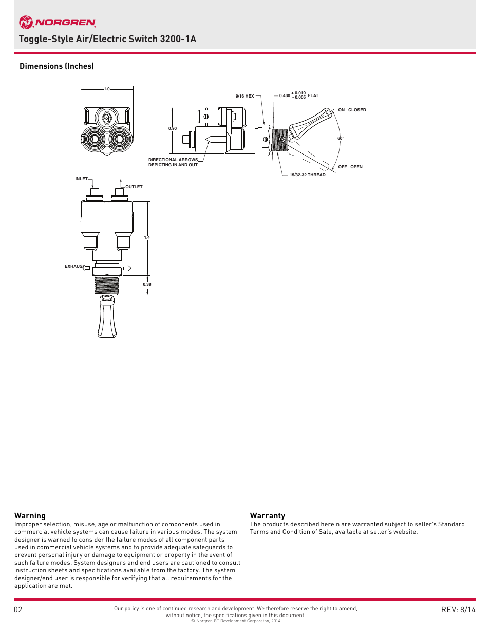 Warning, Warranty | Norgren 3200-1A User Manual | Page 2 / 2